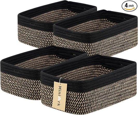 MiniArk Small Storage Baskets for Organizing | Closet Organizer Bins | Shelf Toy Basket | Woven Rope Baskets | Cube Decorative Box | Shallow Basket | 13x8.5x5.1” | 4 Packs Black Brown
