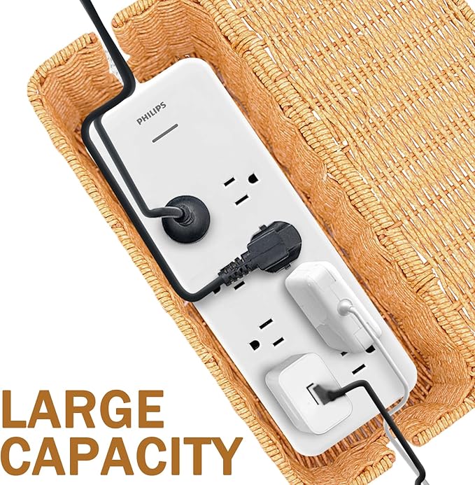 Cable Management Box, Handmade Rattan Cable Organizer Cord Basket | Open Slots Cords Hider Box Under Desk Cord Organizer for Computer Router USB Hub & Power Strip