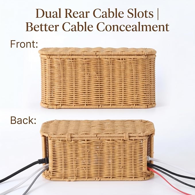 Rattan Cable Management Box, Cord Organizer to Hide Cords & Power Strip | Metal framed handwoven rattan, ventilated to dissipate heat. Octagonal design & dual rear cable slots, boho home office decor