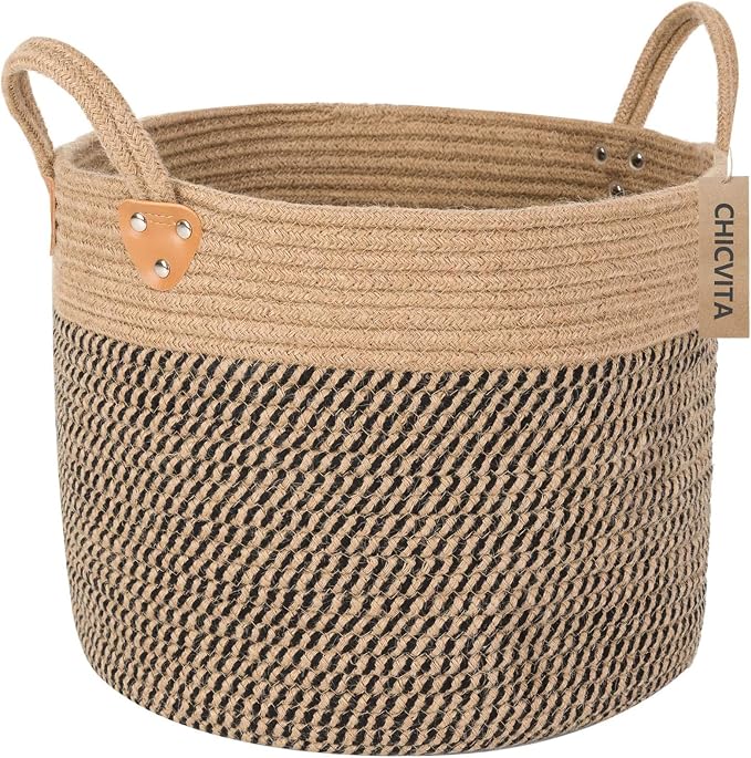 CHICVITA Wicker Storage Basket with Leather Handles, 14" x 12", Black | Decorative Woven Basket for Toys, Shoes, Blankets & Laundry Storage, Living Room & Bedroom Organizer, Indoor Plant Basket