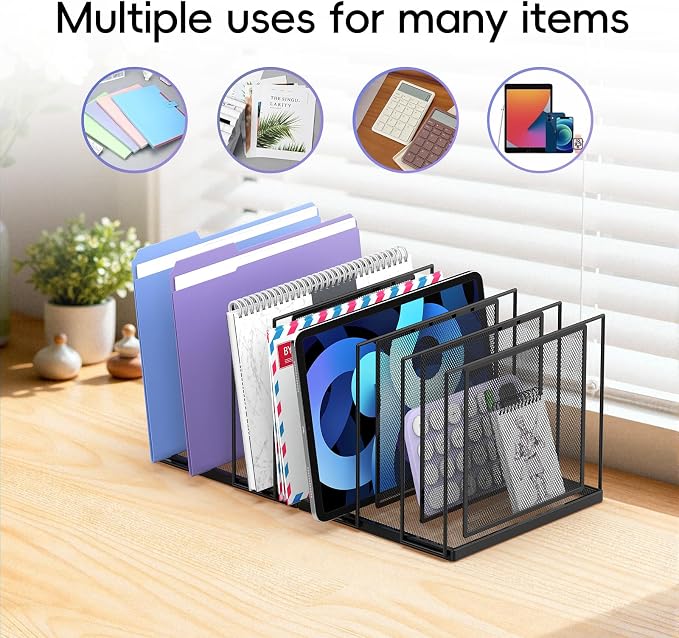 File Organizer for Desk, 7-Section Vertical File Sorter, Paper Holder Organizer Standing Metal File Folder for Office Home Classroom, Black
