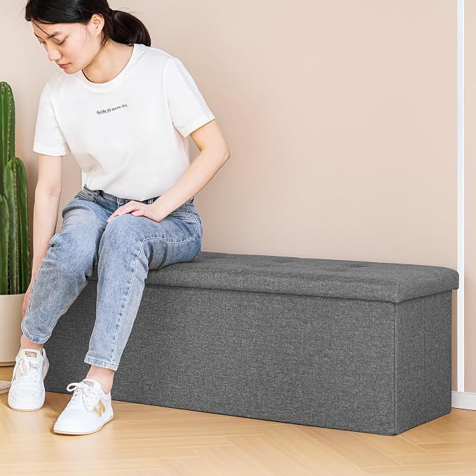PINPLUS Folding Storage Ottoman Bench, Grey Linen Long Ottoman Chest Foot Rest Stool with Padded Seat, Chest with Cover, Bedroom Bench with Storage, 43.3inches