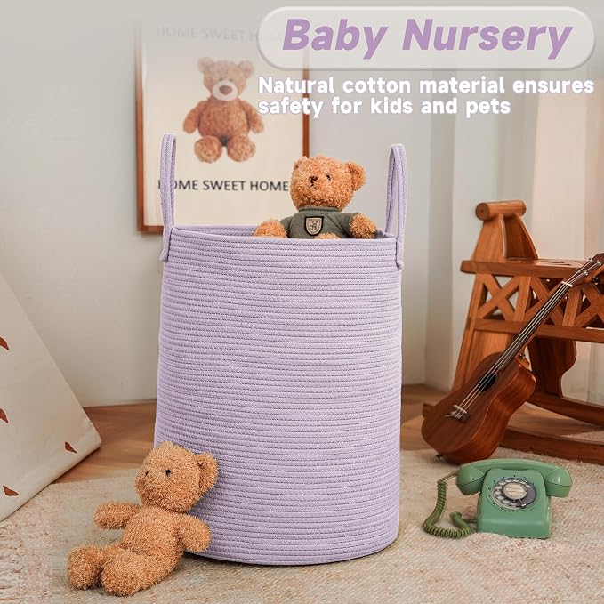 JMvicyroam 100L Cotton Rope Laundry Basket Hamper, Purple | Collapsible laundry basket, reinforced handles, freestanding, machine washable, holds 3-5 thick blankets, clothes or toys