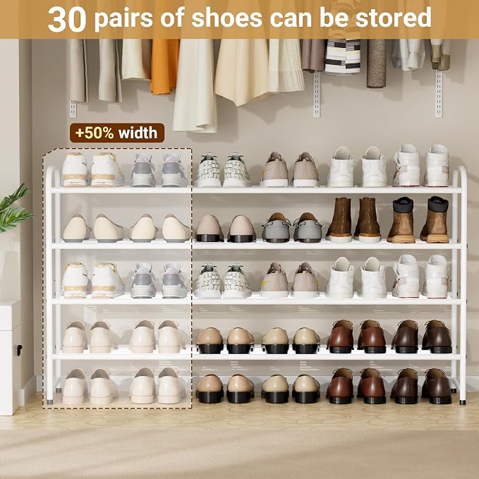 KEETDY 4-Tier Long Shoe Rack for Closet Floor, Wide Shoe Organizer Storage, Stackable Shoe Rack for Entryway Metal Shoe Shelf for 30 Pairs Men Sneakers with Wire Grid for Bedroom, White