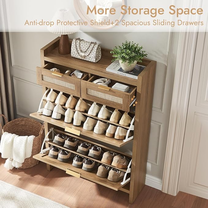 HOKYHOKY Rattan Shoe Storage Cabinet with 2 Drawers & 2 Flip Drawers | Hidden Slim Shoe Organizer, Farmhouse Boho Narrow Shoe Rack, Large Tabletop Space, Entryway, Rustic Oak
