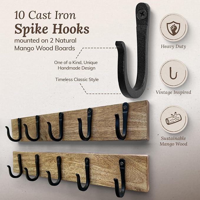 Cast Iron Spike Hooks (10 Hooks) Mounted on Two Natural Hardwood Boards (2 Pack) Decorative, Farmhouse Vintage Entry Hooks for Hanging Coats, Bags, Hats, etc (Black Hooks)