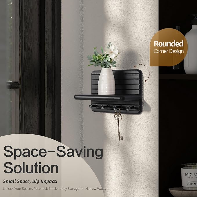 Rebee Vision Key Holder Wall Mount with 4 Key Hooks for Room Decor, Black | Pine Wood, Key Holder for Wall, Mini Floating Shelf, Mail Organizer, Plant Display, Small-Space Storage, Neat Home Essential