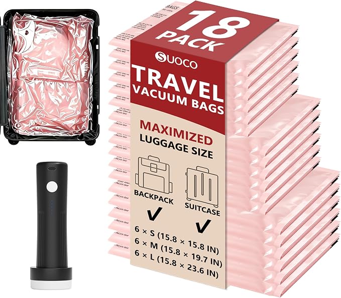 Travel Vacuum Bags for Clothing with Rechargeable Pump 18 Combo, Pink | Compression Packing Cubes Organizer Storage for Luggage Suitcase, Space Saver Seal Bags for Vacation Cruise