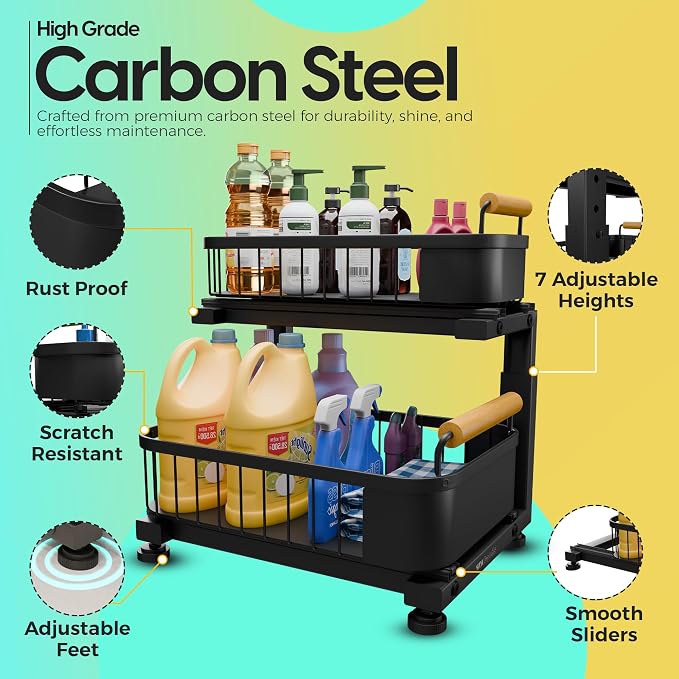 Premium Large Under Sink Organizer, 2-Tier Pull Out, Adjustable | Heavy-duty carbon steel, 7 adjustable heights and smooth ball-bearing sliding baskets for kitchen and bathroom cabinets