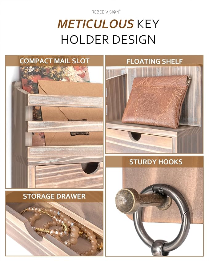 Rebee Vision Key Holder Wall Mount with 6 Hooks for Entryway, Natural Wood | Farmhouse Key and Mail Holder for Wall, Mail Organizer, 2 Drawer Organizer, Key Hanger, Home Essentials, Decorative Storage