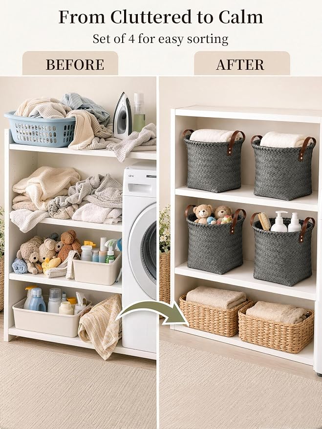 Wicker Storage Baskets, 4 Pack Woven Baskets for Shelves, Grey | PP Rattan, Water-resistant Wicker Basket, Large Baskets with Faux Leather Handles for Blanket, Laundry Organizer, Room Decor