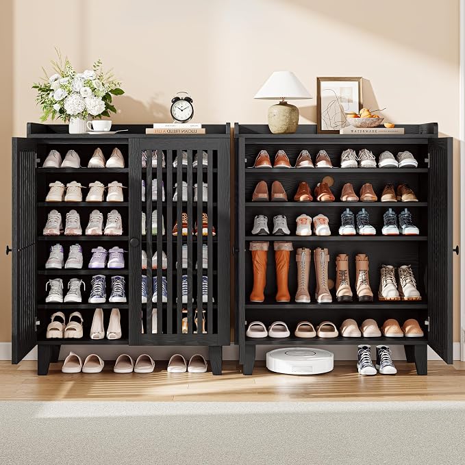 IRONCK Shoe Cabinet with Slatted Doors, 6-Tier Shoe Storage Cabinet with Adjustable Shelves, Wooden Shoe Rack Organizer for Entryway, Hallway, Closet, Living Room, Black