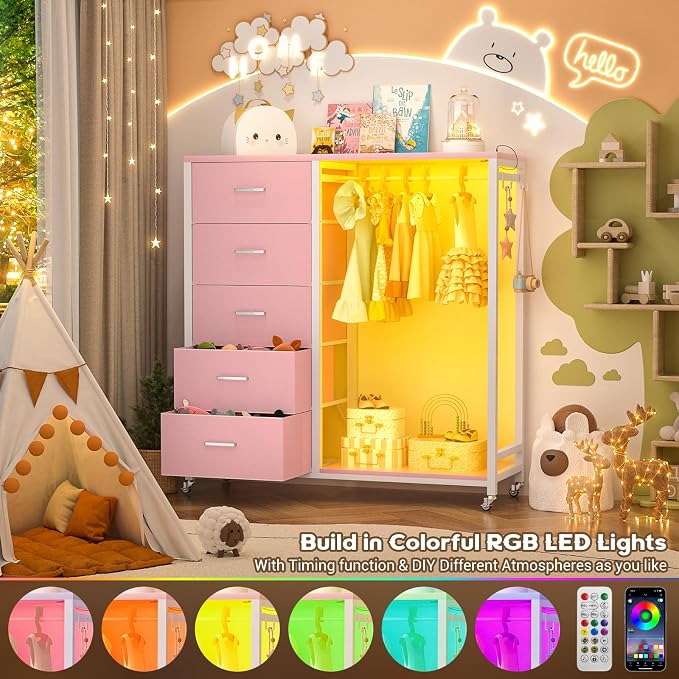 Cyclysio Storage Clothes Rack with 5 Drawers, Garment Rack with Charging Station & LED Lights, Fabric Chest Shelves Clothing Rack, Wooden Portable Wardrobe Closet