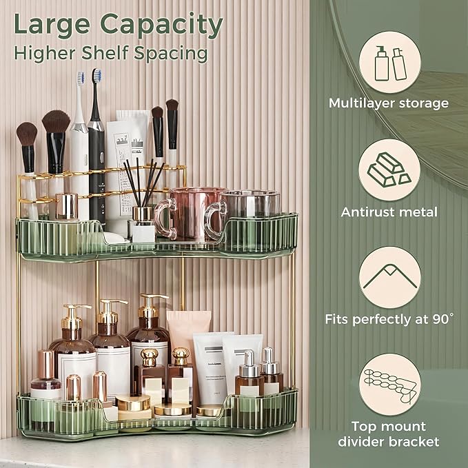 BEFSOP Corner Bathroom Counter Organizer, Upgraded 2-Tier Makeup Organizer Countertop with Makeup Brush Holder, Skincare Exquisite Vanity Organizers Countertop Bathroom Storage Dresser(Green)