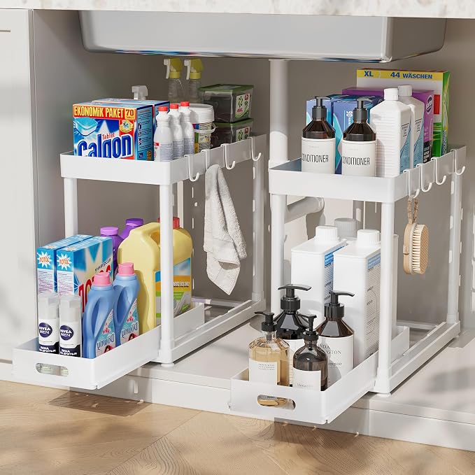 2 Pack Pull-Out Storage Organizers, Under Sink Organizer and Storage for Bathroom & Kitchen,Multi-Purpose Under Cabinet Organizers and storage Black
