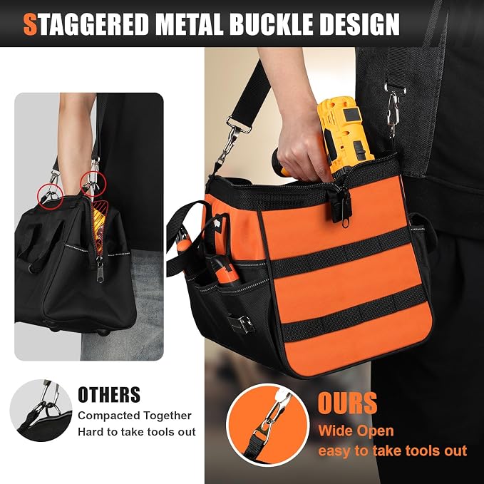 UUP 15" Heavy Duty Tool Bag, 16-Pocket Tool Box Organizer Orange | 16 Pockets & MOLLE. Detachable Strap & Handle. Non-slip Base, Metal Buckle. 30lb Holds Tools on Truck, Garage, Men Gift.