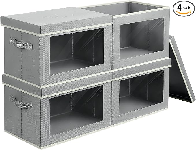 Homsorout Collapsible Storage Bins with Lids, 4 Pack Closet Cubes for Organization, Fabric Storage Baksets with Window, Clothes Organizer bins for Home, Dorm, Grey