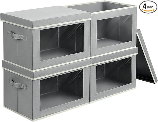 Homsorout Collapsible Storage Bins with Lids, 4 Pack Closet Cubes for Organization, Fabric Storage Baksets with Window, Clothes Organizer bins for Home, Dorm, Grey