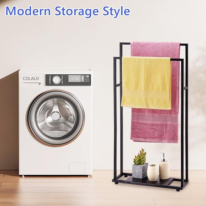 39'' Tall Towel Racks for Bathroom, 2 Tier Towel Rack Stand with Storage Shelves, Free Standing Drying Rack for Outdoor, Black, ALHAKIN