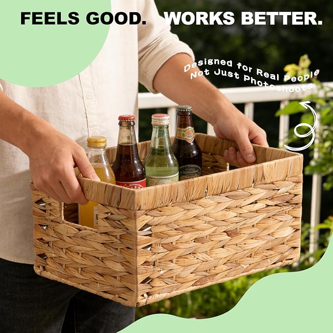 Handwoven Wicker Storage Basket with Built-In Handles - Decorative Rectangle Organizer Bin for Shelves, Closet, Bathroom, Kitchen & Living Room - Durable Eco-Friendly Storage Solution (Large 1-Pack)