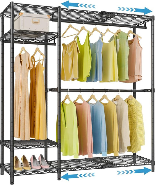 VIPEK X20 Expandable Metal Clothing Rack Adjustable from 3'3" to 4'8" Heavy Duty Garment Racks with Adjustable Shelves and Hanger Rods Portable Wardrobe Open Closet Rack System, Black