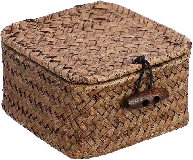 Small Wicker Basket with Lid, Square Seagrass Organizer | Handwoven Compact Storage Box for Key, Jewelry, Decorative Box for Shelf, Home Decor, 3.5"L x 3.5"W x 2"H