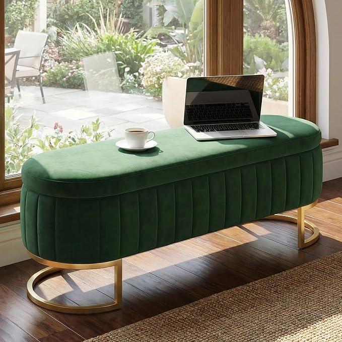 65" Velvet Storage Ottoman Bench End of Bed for Bedroom Entryway Green