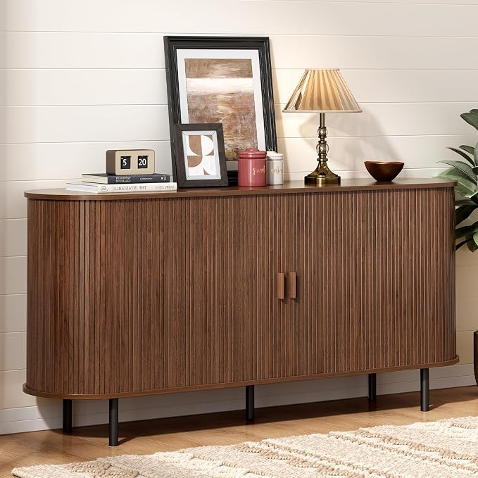 63" Sideboard Buffet Cabinet with Storage, Storage Cabinet with Sliding Door & Adjustable Shelf, Modern Accent Coffee Bar Console Table for Kitchen, Entryway, Walnut