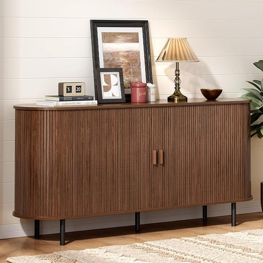 63" Sideboard Buffet Cabinet with Storage, Storage Cabinet with Sliding Door & Adjustable Shelf, Modern Accent Coffee Bar Console Table for Kitchen, Entryway, Walnut