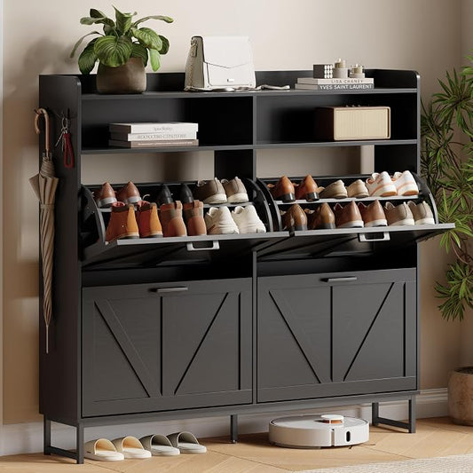 Shoe Cabinet with 4 Flip Drawers, Freestanding Hidden Shoe Storage Organizer for Entryway, Narrow Slim Shoe Rack Cabinet with Open Storage & Hooks for Front Door Entrance, Living Room, Hallway, Black