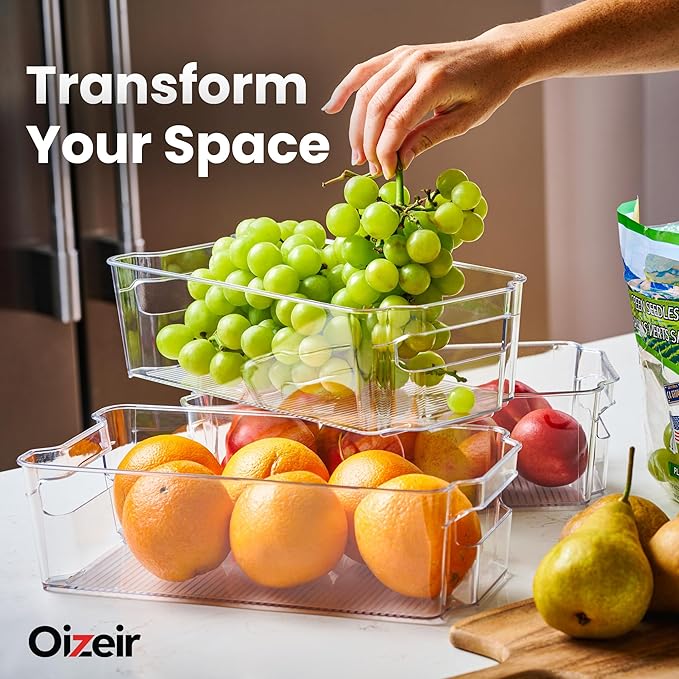 Oizeir 8 Pack Clear Plastic Storage Bins with Handles – Stackable Fridge Organizer Bins for Refrigerator, Freezer, Pantry, Kitchen Cabinet & Cupboard Organization, BPA-Free Acrylic, Transparent