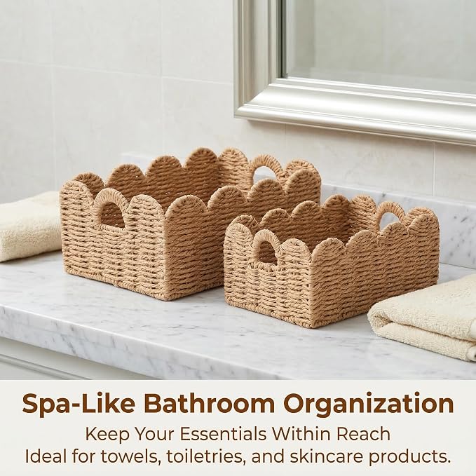 Scalloped Wicker Baskets Set of 3, Hand-Woven Storage with Handles | set of 3 tan scalloped baskets with handles. Hand-woven paper rope for shelves, bathroom or closet. Stackable, sturdy.