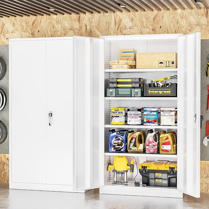INTERGREAT White Metal Storage Cabinet Doors, 72" Locking Steel Storage Cabinet with Shelves, Tall Metal Cabinet Lockable Steel Cabinets for Home Office, Garage