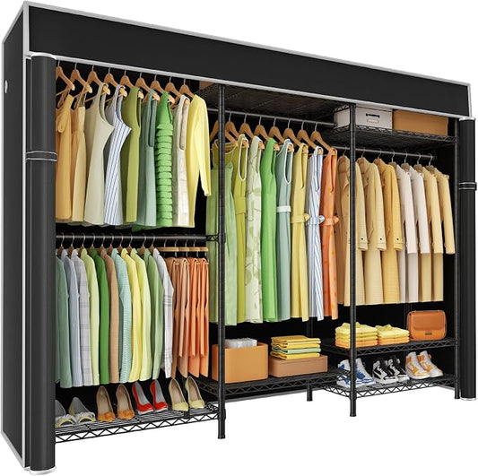 E13C Heavy Duty Closet Organizer System，Freestanding Clothing Racks for Hanging Clothes，Adjustable Garment Rack 63" W x 16" D x 77" H Hold 960 lbs，Black Clothing Rack with Black Dustproof Cover