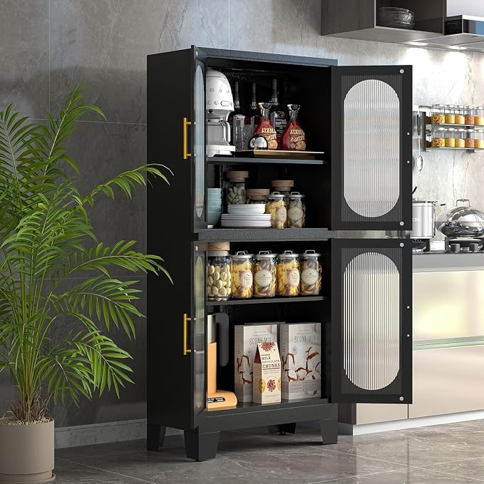 GAIOUS Black Kitchen Pantry Cabinet, Pantry Storage Cabinet with Acrylic Glass Doors and Adjustable Shelves, Tall Versatile Storage for Kitchen, Dining Room, Home Office and Bedroom