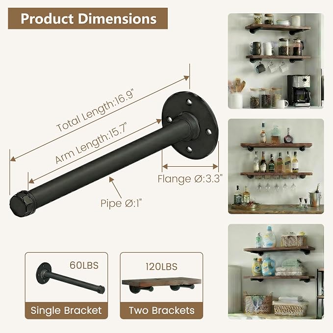 Industrial Pipe Shelf Brackets 12-Pack 16 Inch - Heavy Duty Black Iron for 12"-16" Wood - Wall Mount Floating Shelves Kit with All Hardware Included,Pipe Shelving Brackets , Black DIY Pipe Shelves