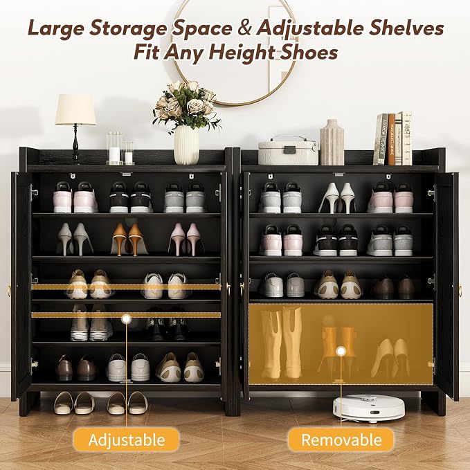 Shoe Cabinet Storage for Entryway - Rattan Entry Way Shoe Storage Cabinet with Adjustable Shelves, Wood Shoe Organizer Cabinet, Accent Cabinet with Doors for Entrance Hallway Living Room Foyer