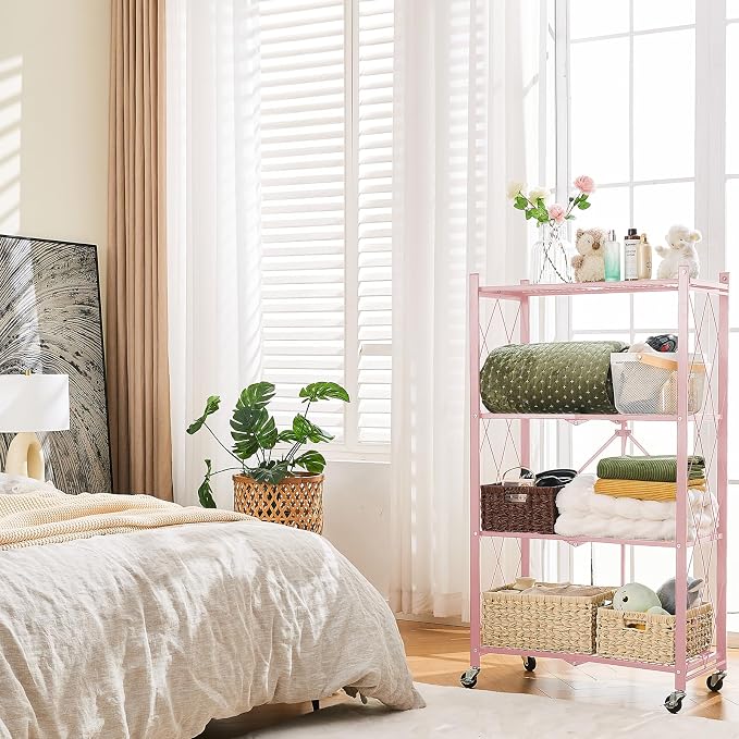 BRIAN & DANY 4-Tier Foldable Storage Shelves with Wheels, Folding Metal Rack Shelving Unit, Heavy Duty No Assembly Organizer Shelf for Garage, Kitchen, Basement, Pantry, Pink