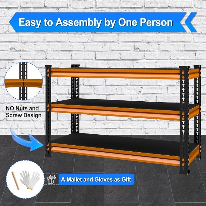48" W Garage Shelving Heavy Duty, 1500LBS Loads Adjustable Garage Storage Shelves, 3-Tier Metal Shelving Units and Storage Racks, Industrial Utility Shelf,48" Wx18 Dx39 H, Orange