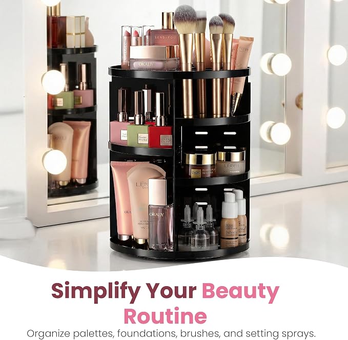Masirs 360 Rotating Makeup Organizer Countertop, Adjustable Shelf, Black | 360-Degree Rotating Makeup Organizer, Adjustable Shelf Height, Cosmetic Perfume Skincare Storage, Vanity Countertop, Black