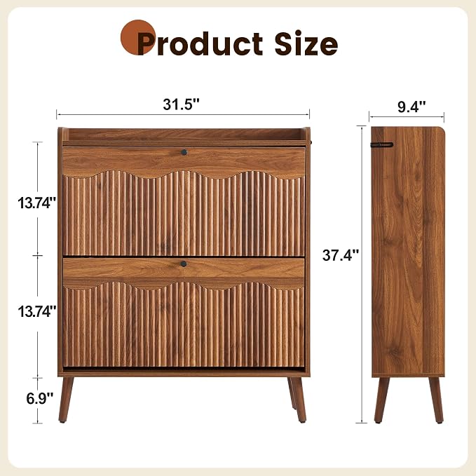 BERRYMERRY 31.5" Fluted Walnut Shoe Storage Cabinet with 2 Flip Drawers | narrow,entryway,adjustable feet,24 pairs shoe,shoe organize,hidden shoe rack,fluted panel,wave pattern,wood,space saving