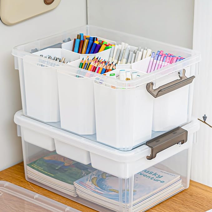 Citylife 17QT 2Packs Clear Craft Organizers and Storage Bins with Lids | Stackable Art Supply Organizer with Tray and 6 Inserts for Markers, Crayons, Pencils, Tools, Playdoh, Coloring Books