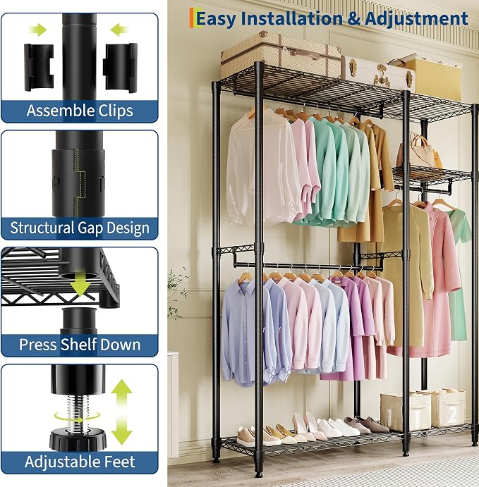 Freestanding Clothes Rack for Hanging Clothes, Heavy Duty Garment Rack Loads 700LBS with 3 Hanging Rods and Adjustable Wire Shelves, Portable Closet Wardrobe Organizer, 76.5"H x 41.6"L x 15.5"W, Black