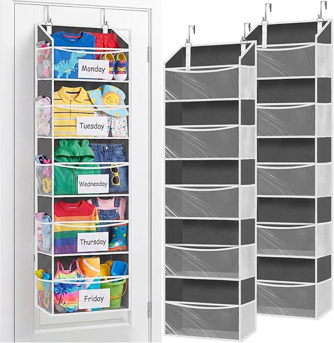 Ofiray-home 2P 5Tiers Over Door Organizer,Weekly Clothes Organizer for Kids | 5 clear PVC front pockets, 10 mesh side pockets, weekly outfit planner, for kids, dorm, entryway, RV, 50 lbs capacity