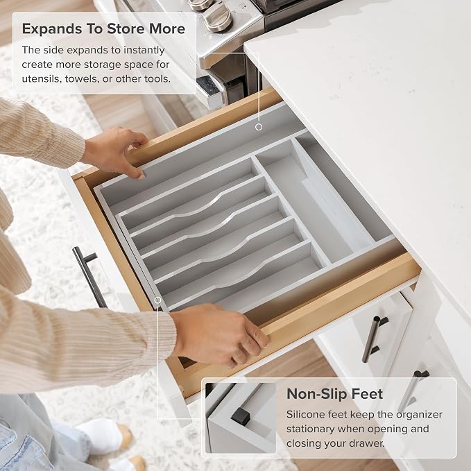 KitchenEdge Silverware & Utensil Drawer Organizer, 10.5-19 in, Gray Bamboo | Cutlery, flatware, food-safe contract grade, kitchen drawer fit