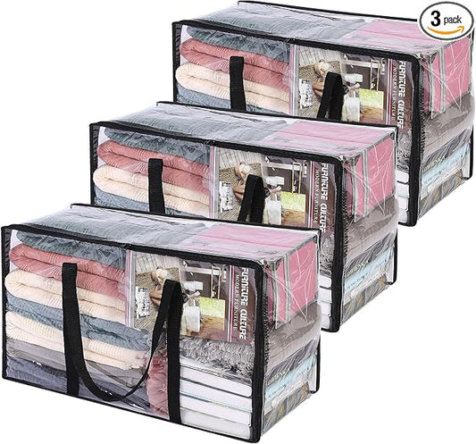 3 Pack Clear Clothes Storage Bags with Zipper 60L | Plastic Storage Bag, Foldable Closet Organizer, For Comforter Blanket Bedding Duvet Toys, Moving Bags