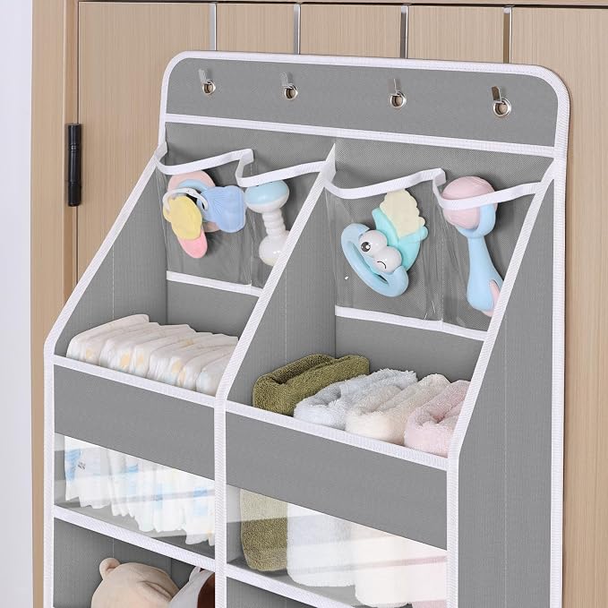 Univivi Upgraded Over the Door Organizer for Baby Nursery, Grey, 6-Shelf | Fabric Door Organizer with Clear Window Deep Pockets, Over Door Hanging Organizer for Baby Essential, Bedroom, and Dorm