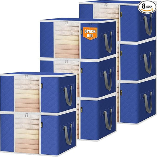 BALEINE 8 Pack Clothes Storage Bags, 16 Gallon Storage Containers with Reinforced Handle, Sturdy Zipper, Closet Organizer for Blanket, Comforter, Pillow, Bedding (Blue, 8 Pack)