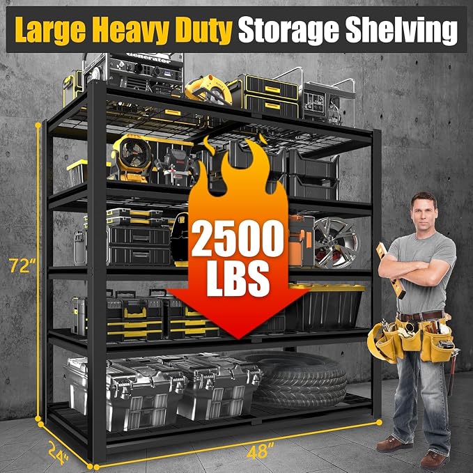 PrimeZone 72" H Heavy Duty Garage Shelving 2500 LBS 5 Tier Heavy Duty | Storage Shelves Adjustable Industrial Metal Wire Shelf for Garage,Pantry,Warehouse,Commercial,48" W X 24" D X 72" H 8Pack
