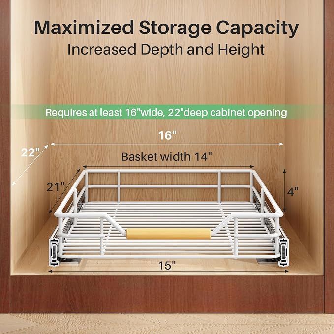 Pull out Cabinet Organizer, 15"W X 21"D, Heavy Duty Smooth Sliding Under Cabinet Shelves for Pots and Pans, Full-Extension Roll out Drawers, Slide out Organization for Home Kitchen Pantry, White